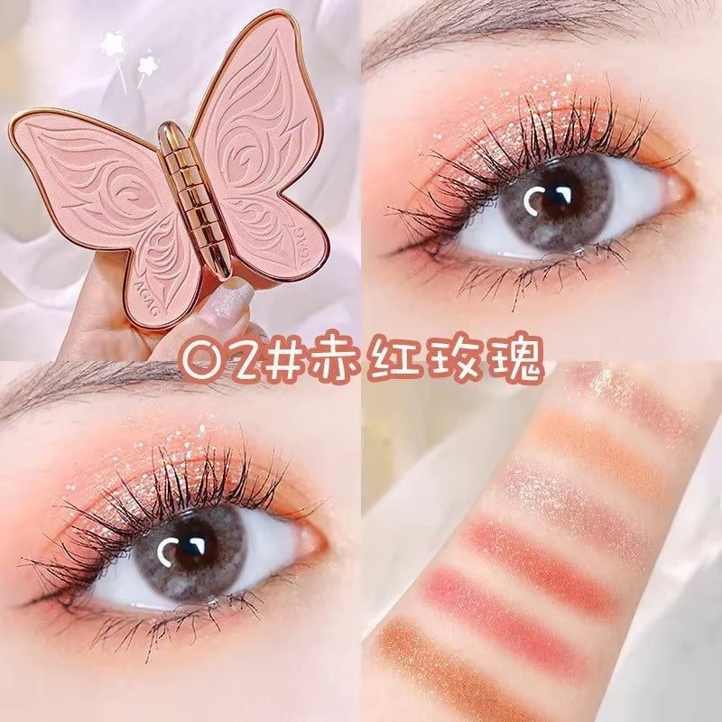 Paleta de sombras de ojos con diseño de mariposa, fácil de colorear, brillo, maquillaje mate, maquillaje para mujeres