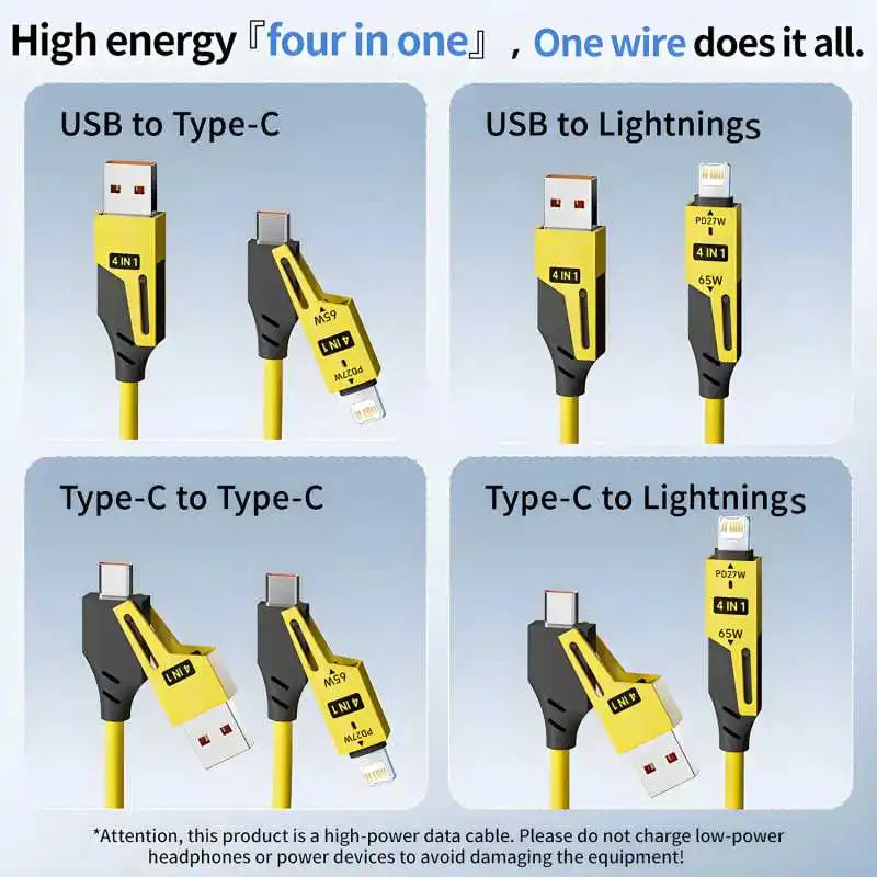 Cable de datos corto con resorte 4 en 1 de 65 W, 6 A, USB tipo C, cable de carga rápida telescópico con resorte para iPhone 15, 14, 13 y 12