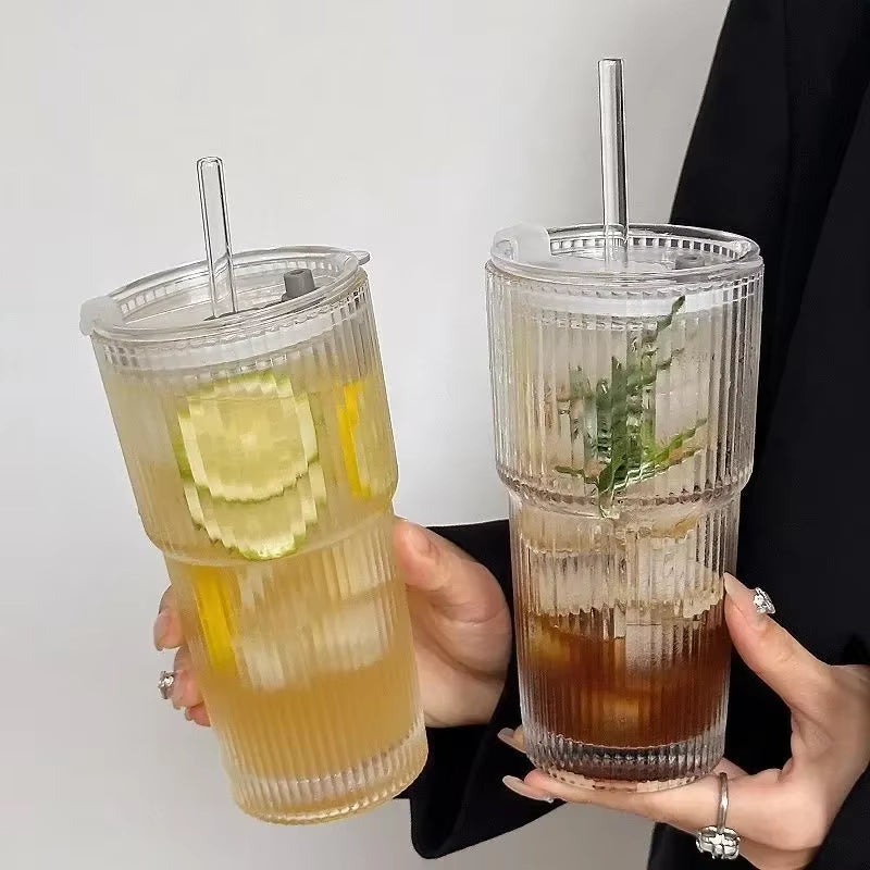  Taza de vidrio a rayas de 600 ml con tapa y pajita, vasos transparentes para zumo, leche, té, café helado, etc