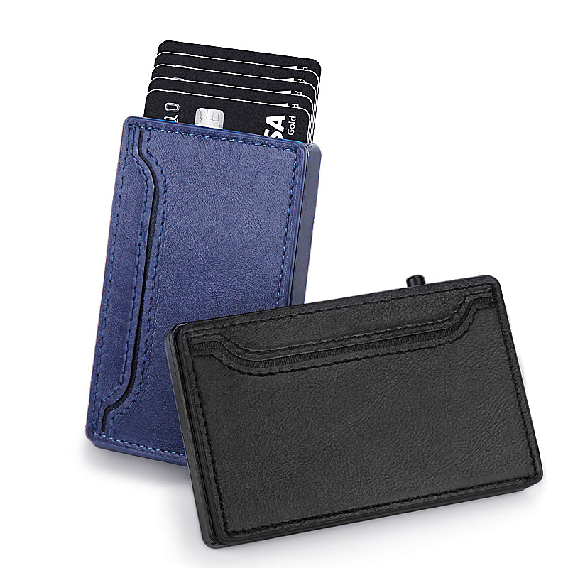 Cartera TOYFID con funda de piel sintética y tarjetero desplegable de aleación de aluminio.