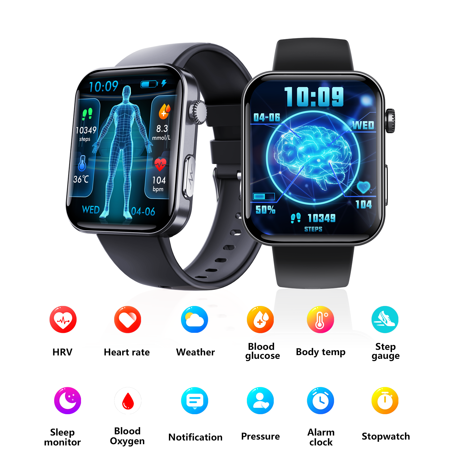 Reloj inteligente con ECG y monitor de presión arterial, temperatura corporal, glucosa en sangre, frecuencia cardíaca, oxígeno en sangre.