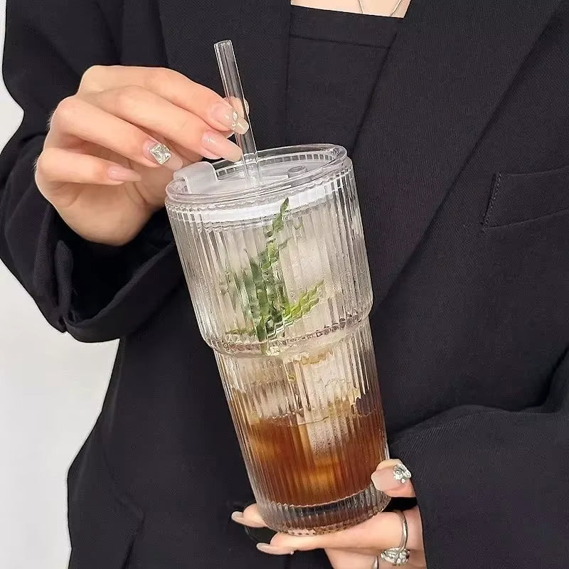  Taza de vidrio a rayas de 600 ml con tapa y pajita, vasos transparentes para zumo, leche, té, café helado, etc