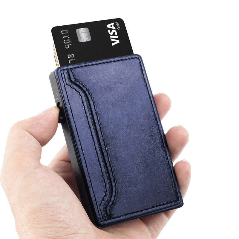 Cartera TOYFID con funda de piel sintética y tarjetero desplegable de aleación de aluminio.