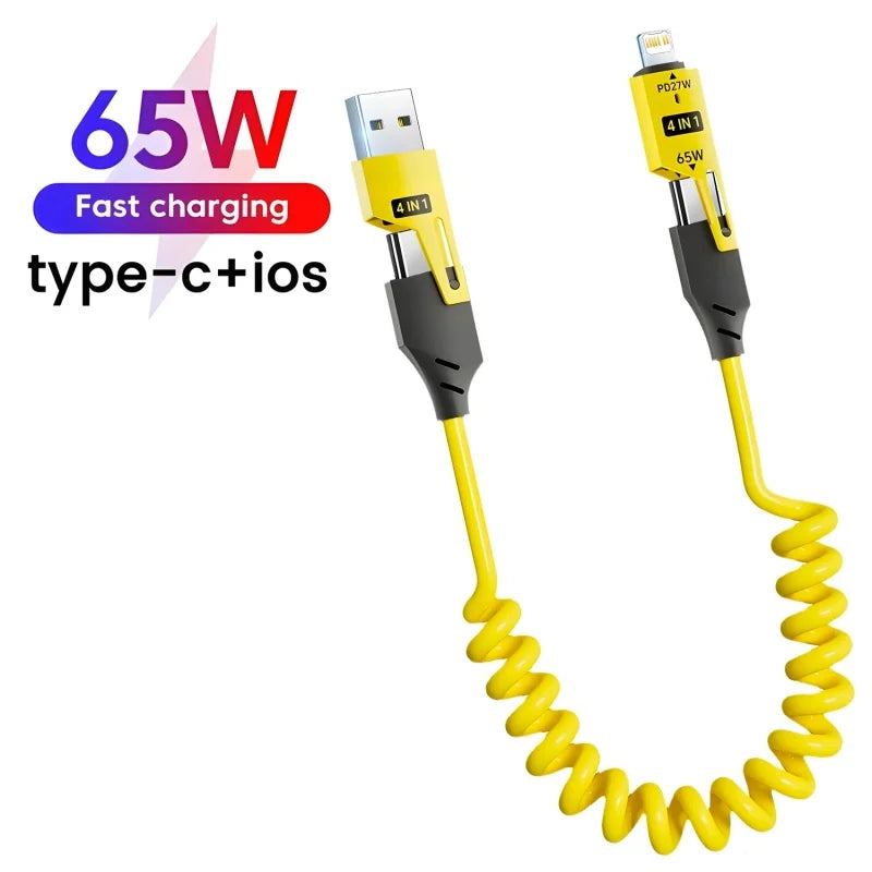 Cable de datos corto con resorte 4 en 1 de 65 W, 6 A, USB tipo C, cable de carga rápida telescópico con resorte para iPhone 15, 14, 13 y 12