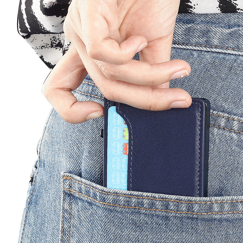 Cartera TOYFID con funda de piel sintética y tarjetero desplegable de aleación de aluminio.