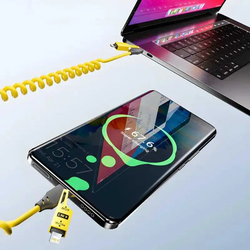 Cable de datos corto con resorte 4 en 1 de 65 W, 6 A, USB tipo C, cable de carga rápida telescópico con resorte para iPhone 15, 14, 13 y 12