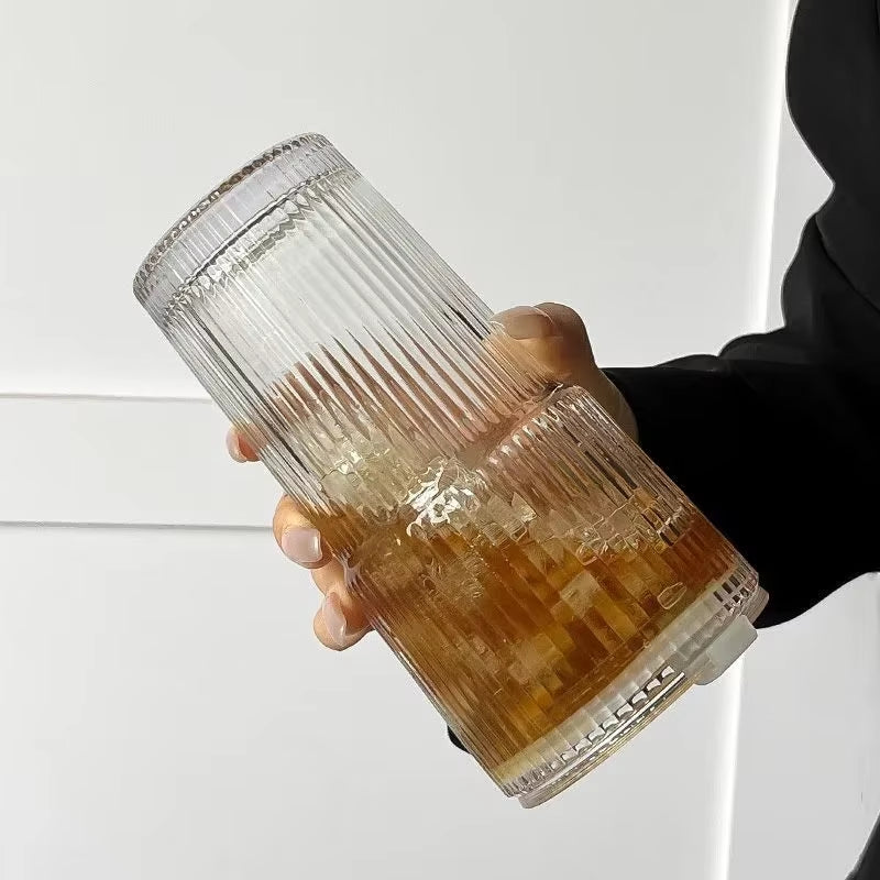  Taza de vidrio a rayas de 600 ml con tapa y pajita, vasos transparentes para zumo, leche, té, café helado, etc