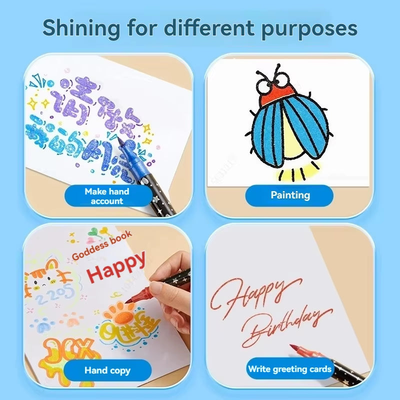 Juego de rotuladores con purpurina de doble punta, de secado rápido, ideales para manuales, dibujos, colorear y pósteres.
