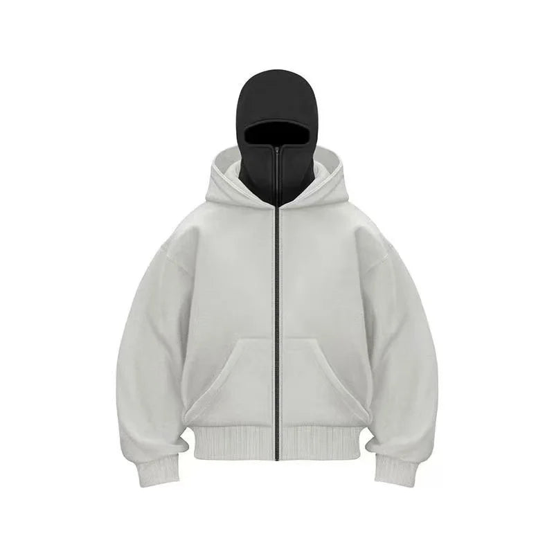 Sudadera con capucha doble, máscara con capucha para hombre, cremallera, ropa deportiva