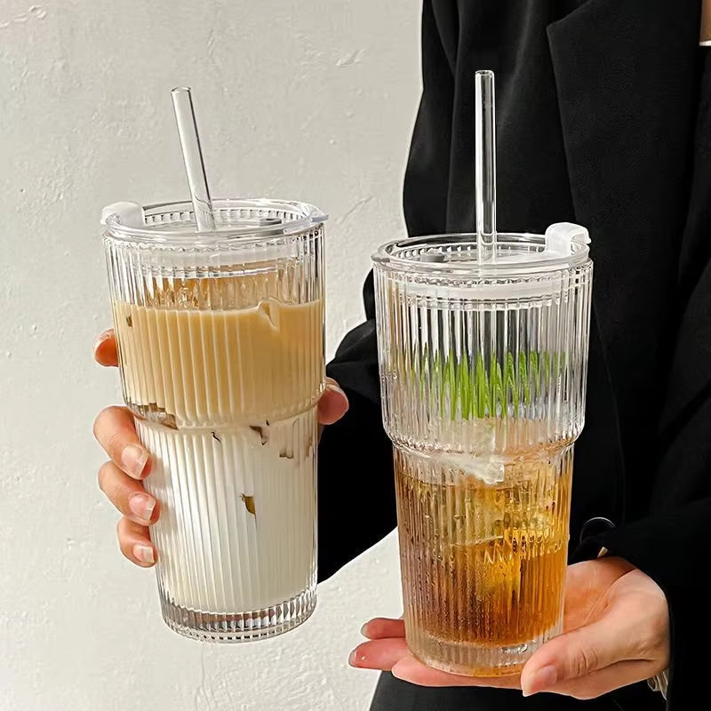  Taza de vidrio a rayas de 600 ml con tapa y pajita, vasos transparentes para zumo, leche, té, café helado, etc