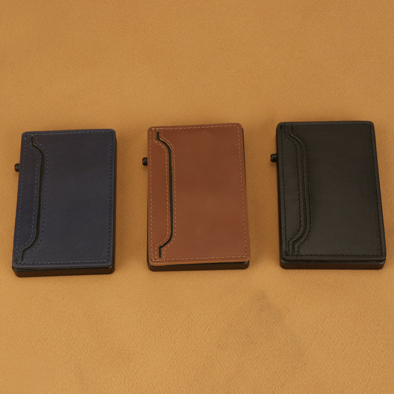 Cartera TOYFID con funda de piel sintética y tarjetero desplegable de aleación de aluminio.