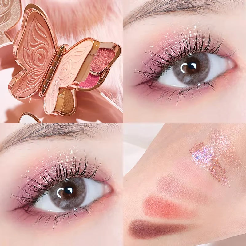 Paleta de sombras de ojos con diseño de mariposa, fácil de colorear, brillo, maquillaje mate, maquillaje para mujeres