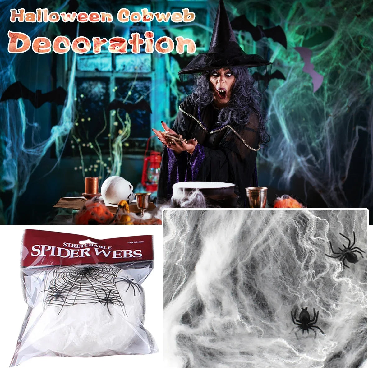 Halloween Spider  Decorations, with 2 Black Fake Spiders, Outdoor Large Stretch Spider Cobwebs Indoor White Halloween Decorations