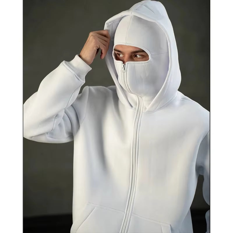 Sudadera con capucha doble, máscara con capucha para hombre, cremallera, ropa deportiva
