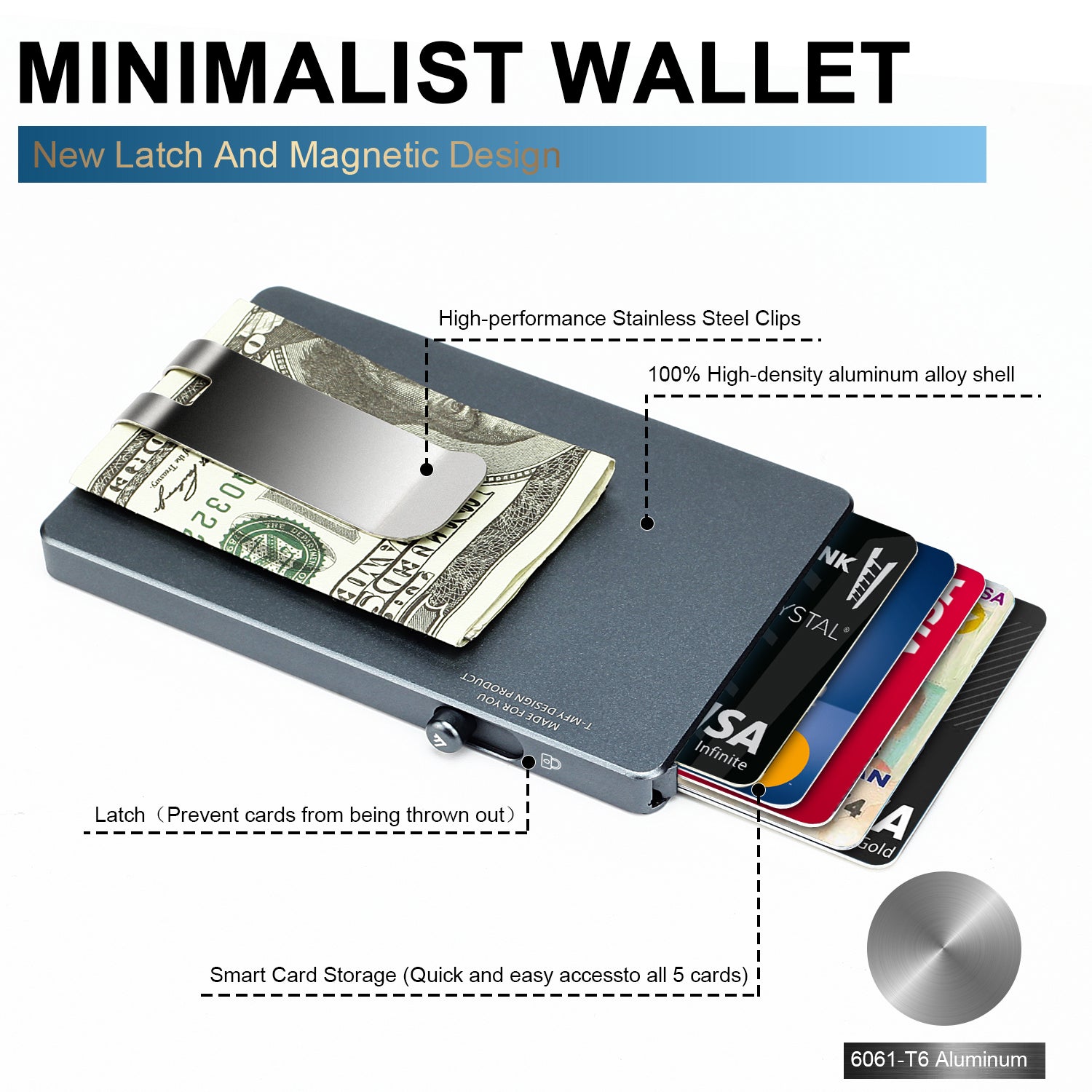 Cartera minimalista desplegable con clip para billetes, tarjetero delgado de aluminio deslizante con RFID