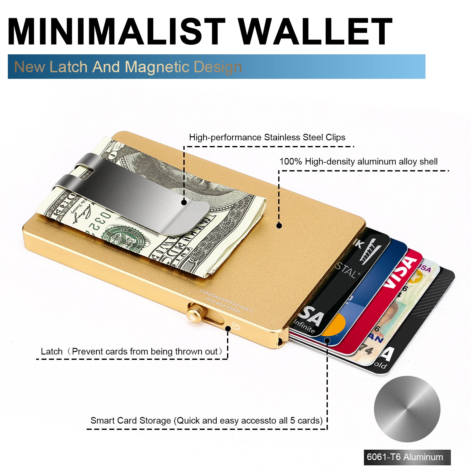 Cartera minimalista desplegable con clip para billetes, tarjetero delgado de aluminio deslizante con RFID