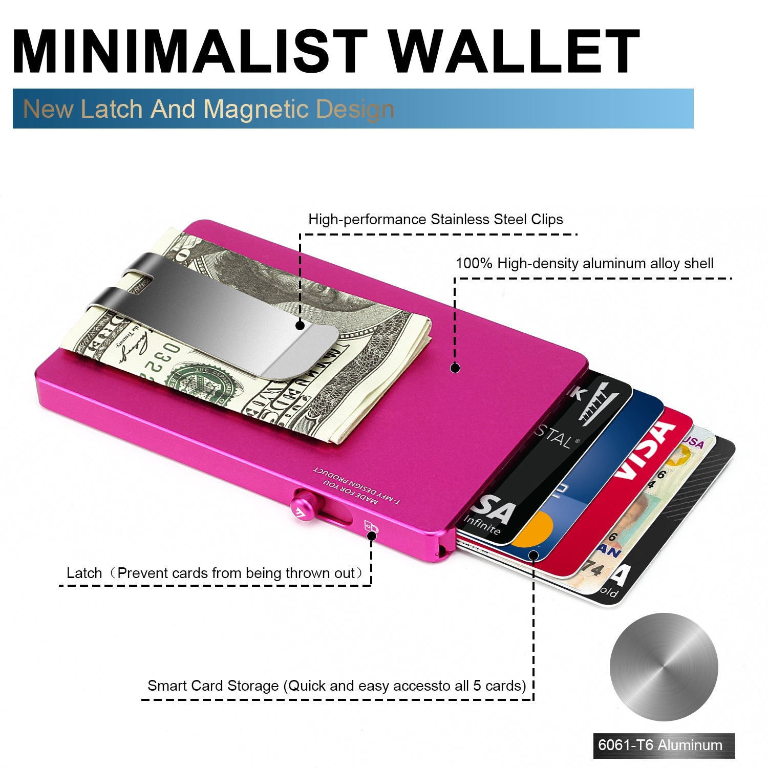 Cartera minimalista desplegable con clip para billetes, tarjetero delgado de aluminio deslizante con RFID