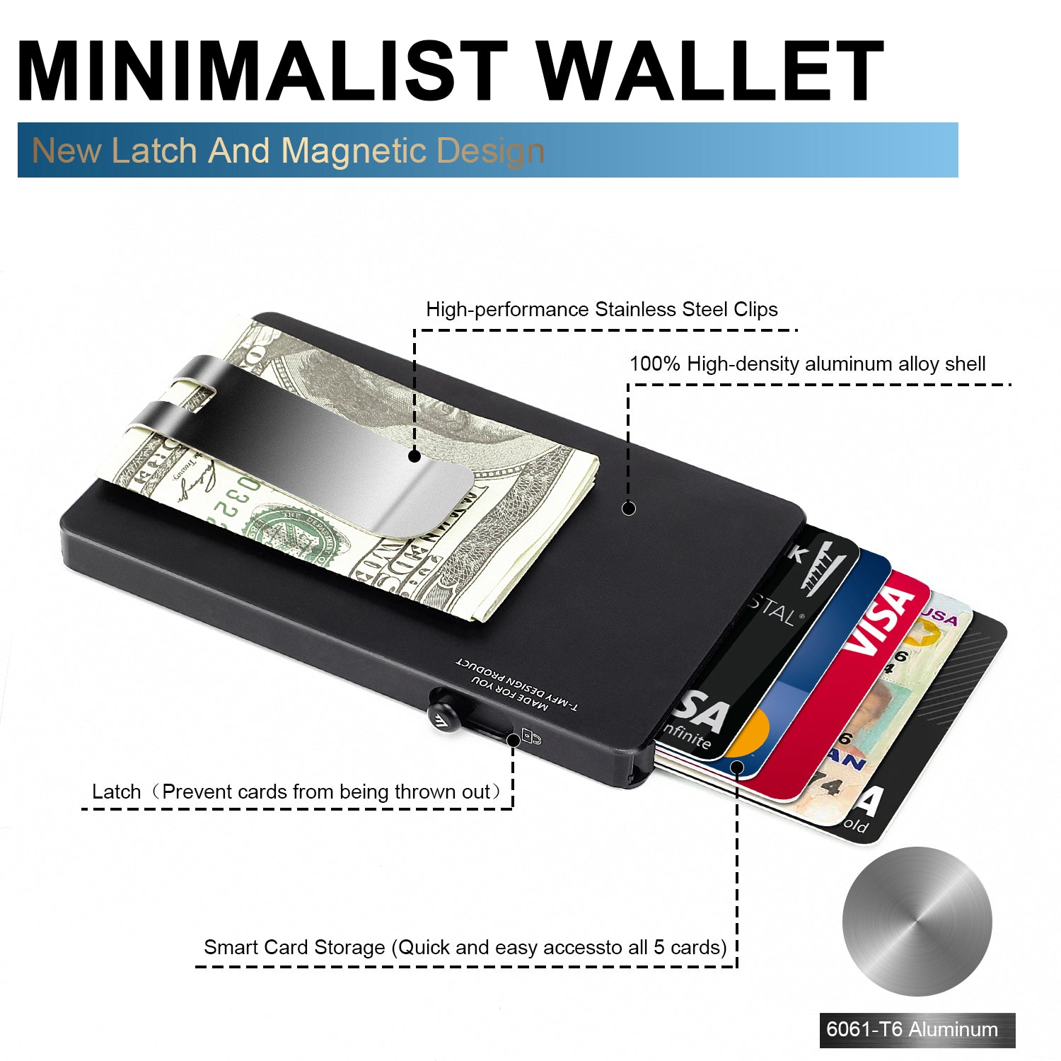 Cartera minimalista desplegable con clip para billetes, tarjetero delgado de aluminio deslizante con RFID