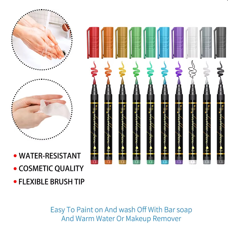 Temporary Tattoo Markers for Skin,10 Colors Tattoo Pens,Brush Tip,Bright Colors,Face Paint Kit Cosmetic Quality,Halloween Makeup