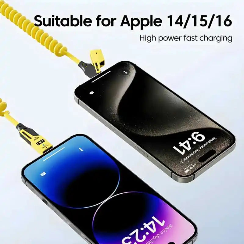 Cable de datos corto con resorte 4 en 1 de 65 W, 6 A, USB tipo C, cable de carga rápida telescópico con resorte para iPhone 15, 14, 13 y 12