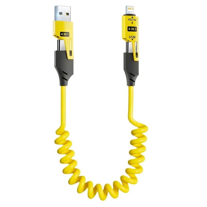 Cable de datos corto con resorte 4 en 1 de 65 W, 6 A, USB tipo C, cable de carga rápida telescópico con resorte para iPhone 15, 14, 13 y 12