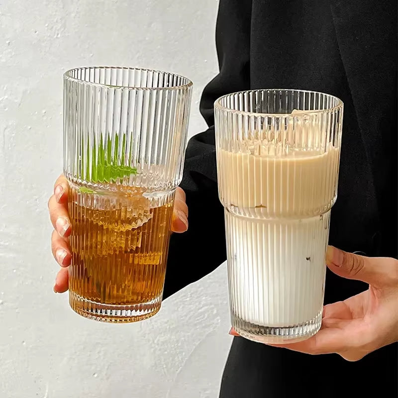  Taza de vidrio a rayas de 600 ml con tapa y pajita, vasos transparentes para zumo, leche, té, café helado, etc