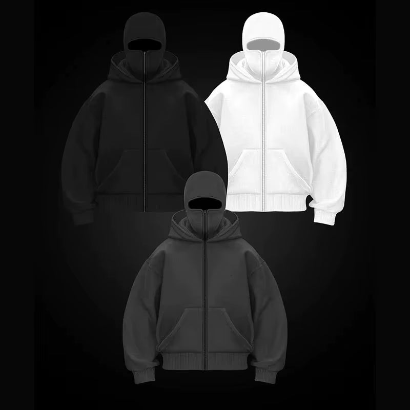 Sudadera con capucha doble, máscara con capucha para hombre, cremallera, ropa deportiva