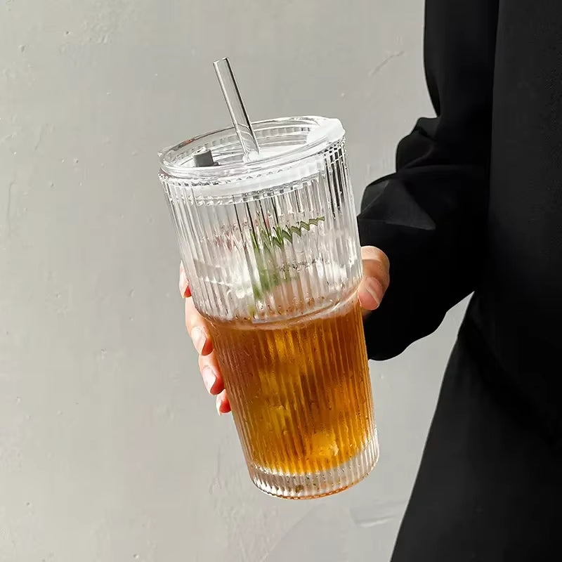  Taza de vidrio a rayas de 600 ml con tapa y pajita, vasos transparentes para zumo, leche, té, café helado, etc