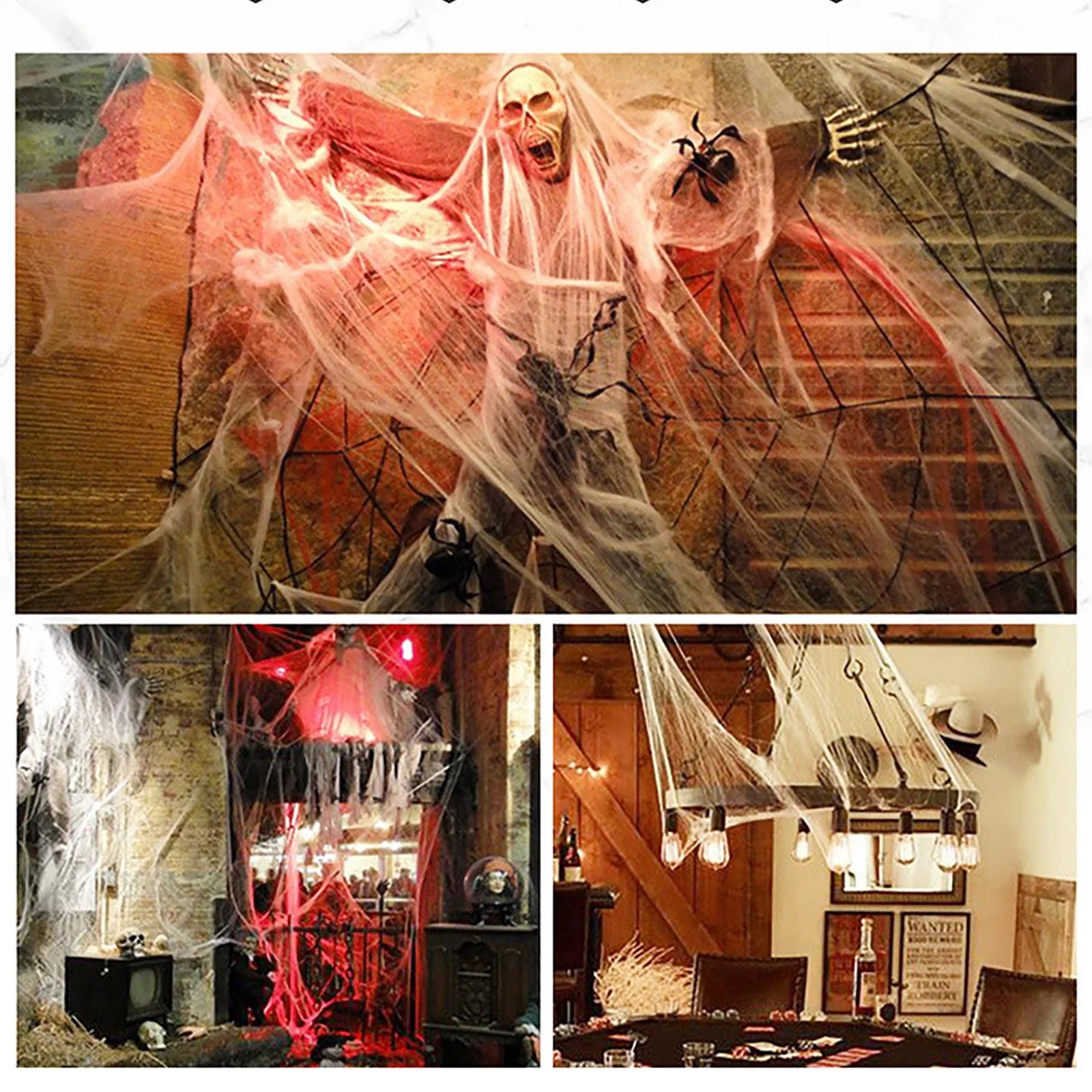 Halloween Spider  Decorations, with 2 Black Fake Spiders, Outdoor Large Stretch Spider Cobwebs Indoor White Halloween Decorations