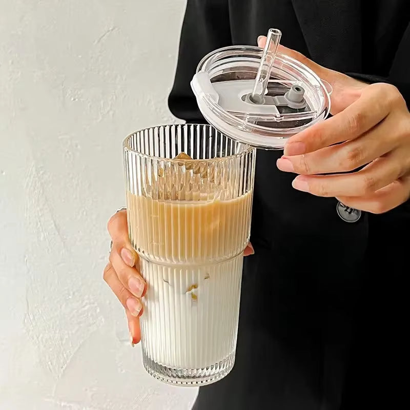  Taza de vidrio a rayas de 600 ml con tapa y pajita, vasos transparentes para zumo, leche, té, café helado, etc