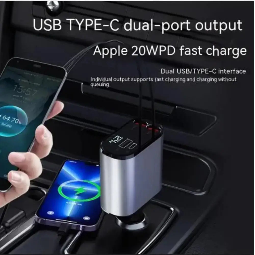 Cargador rápido para teléfono móvil de coche de 100 W con adaptador USB y USB-C para mechero.